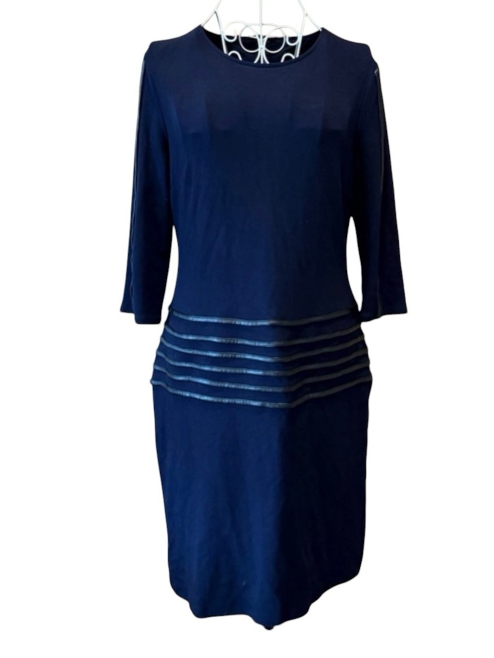 Navy Shift Dress Faux Leather Stripe Waist 3/4 Sleeve Size 8 10